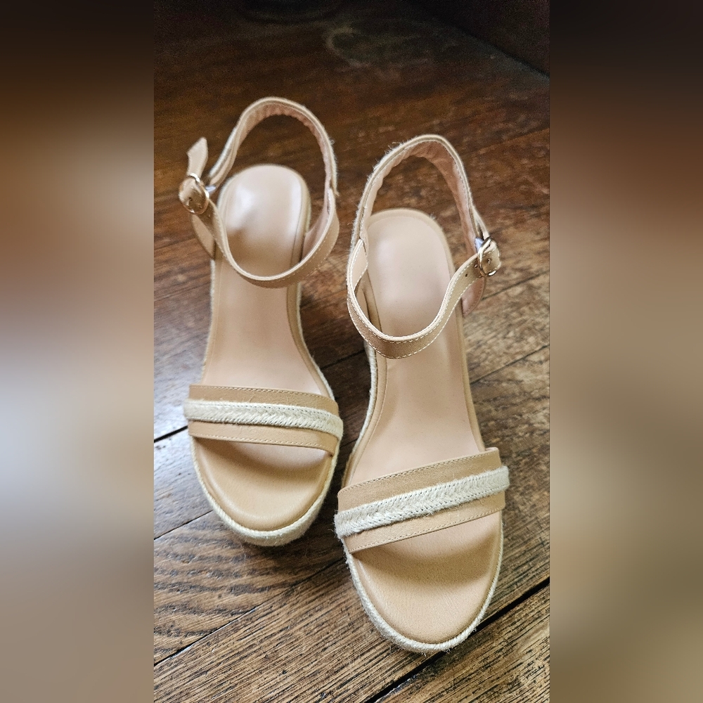 Women’s Beige Espadrille Wedge Sandals with Ankle Strap